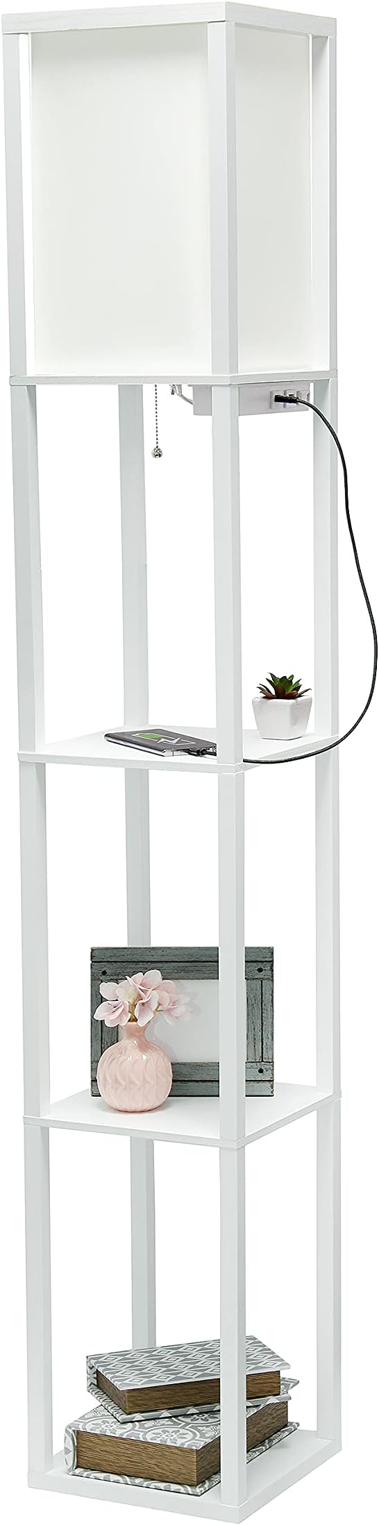 Simple Designs LF1037-WHT Floor Lamp Etagere Organizer Storage Shelf with 2 USB Charging Ports, 1 Charging Outlet and Linen Shade, White