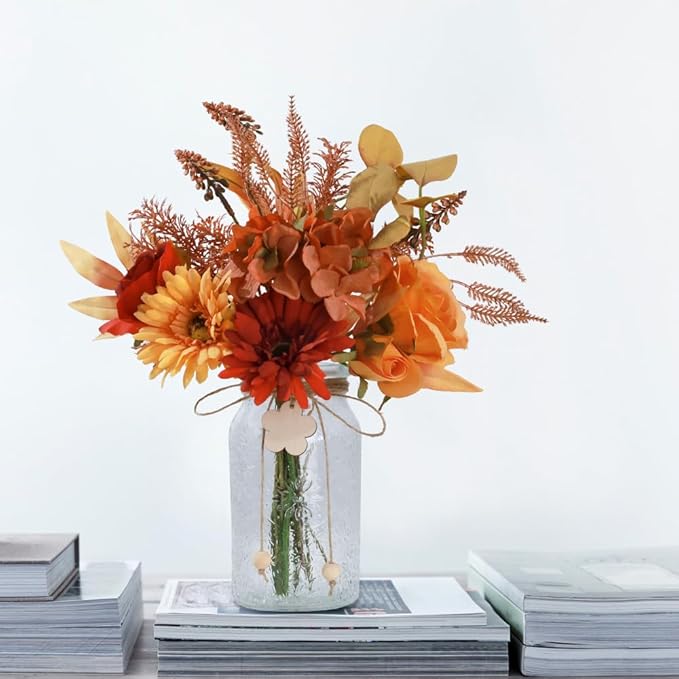 Silk Flowers with Vase, Artificial Flowers Arrangement with Glass Vase Faux Rose Daisy for Decoration Table Centerpiece (Daisy Orange)