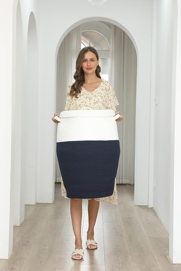 26" x 20" Tall Extra Large Storage Basket with Lid, Cotton Rope Storage Baskets, Woven Laundry Hamper with Cover, for Clothes Blanket in Living Room, Dark Blue/Beige Line