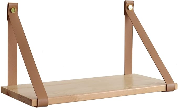 FRIADE PU Leather Strap Shelves,Wall Floating Shelf, Storage Rack for Kitchen,Living Room,Bedroom,Study,Set of 2