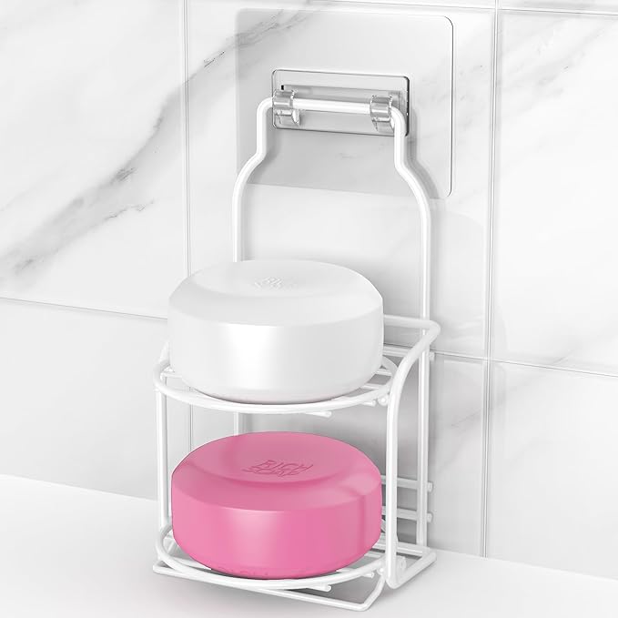 2-Tier Shower Soap Shampoo Bar Holder, Self Adhesive & Freestanding Draining Soap Dish Caddy for Bathroom Kitchen Wall Accesories, Apartment Essentials Decor