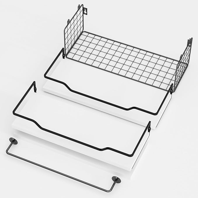 Floating Shelves Wall Mounted,Wood Bathroom Shelf Over Toilet with Paper Storage Basket, Wall Decor Farmhouse Floating Shelf for Bedroom, Living Room, Kitchen,Office (White)