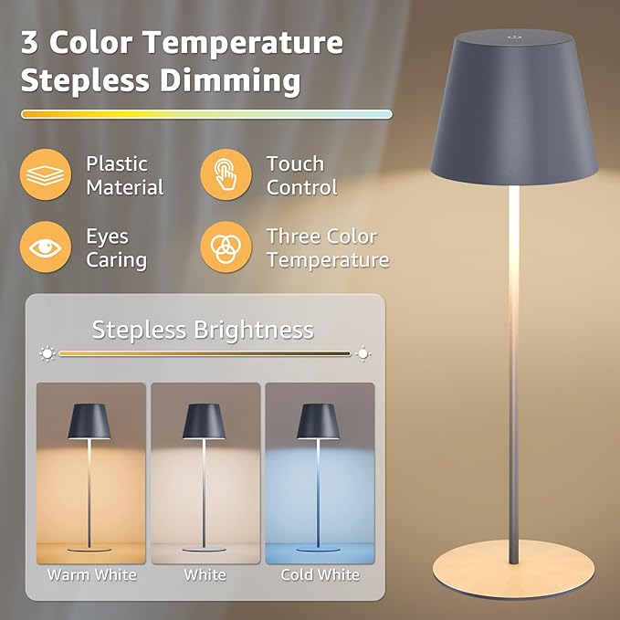 uuffoo 2 Pack Cordless Rechargeable Table Lamps, 5200mAh Battery Powered Outdoor Table Lamps with 3 Colors Stepless Dimming, Desk Night Light for Restaurant, Patio, Bedroom, Bar (Gray)