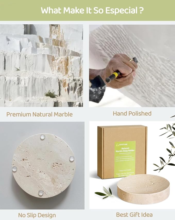 Natural Travertine Soap Holder, Round Marble Soap Dish for Shower, Bathroom Ceramic Soap Bar Holder, Decorative Rustic Soap Dishes, Farmhouse Kitchen Sink Sponge Tray with Non Slip Bottom