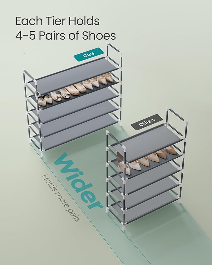 SONGMICS 5-Tier Shoe Rack, Shoe Storage for Hallway Closet, Slim and Space-Saving, Metal Frame, Non-Woven Fabric Shelves, Grey ULSH055G01V1