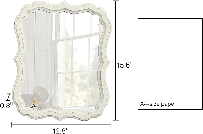 Rustic White Small Scalloped Wall Mirror 12" x 15", Mirror Wall Decor, Decorative Wall Mounted Mirrors, Bathroom Mirrors for Vanity, Distressed Finish Vintage Wall Mirror for Living Room