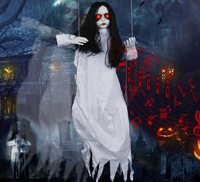 Scary Halloween Decorations Outdoor Hanging Swinging Girl with Sound & Slap Activated, Light Up Eyes Creepy Sound Expressions, Large Scary Halloween Decor Props for Indoor Outside