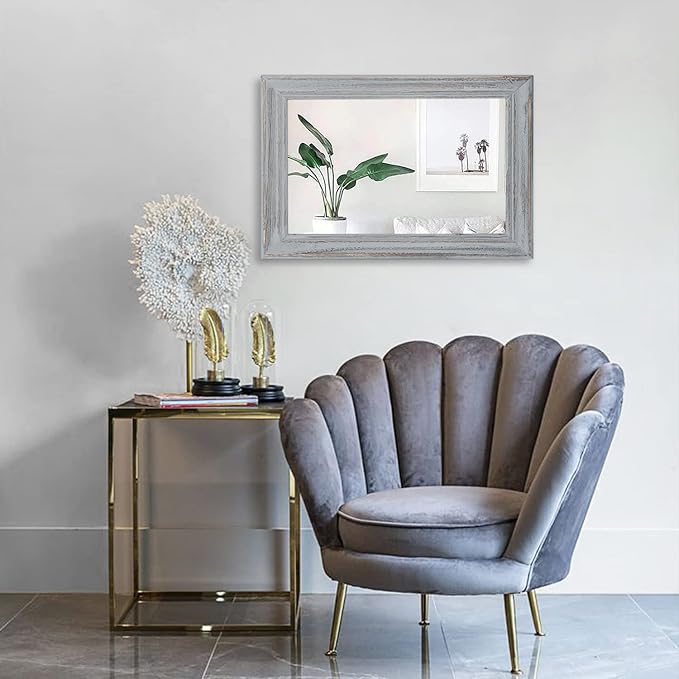 Rectangle Wooden Mirror with Framed Retro Hanging Mirrors Large 20"x16" for Bathroom Bedroom Living Room Home Entryway