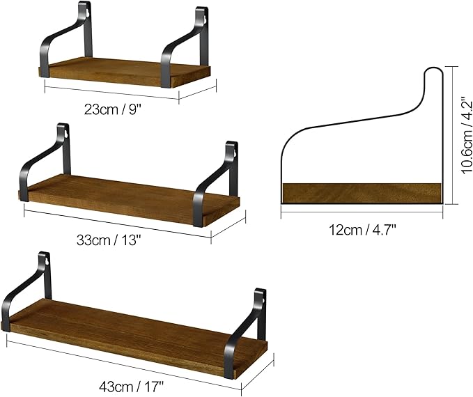 Love-KANKEI Floating Storage Wall Shelves Mounted Set of 3, Rustic Wood for Bedroom, Living Room, Bathroom, Kitchen and More Light Walnut