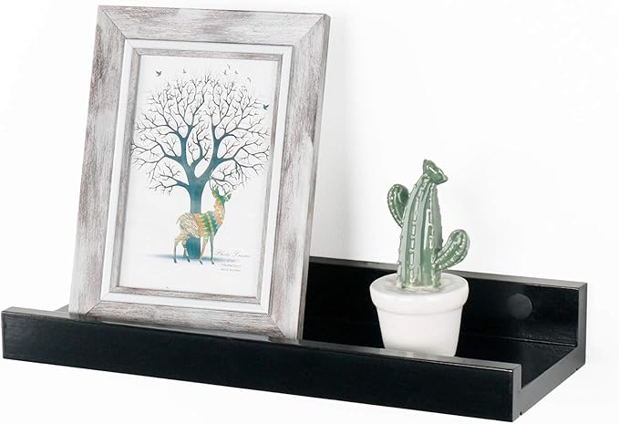 Natural Bamboo Floating Shelves Wall Mounted Rustic Wood Wall Shelves Wooden Wall Storage Organizer Home Decor Living Room Kitchen Bedroom (Black,13.8 in)