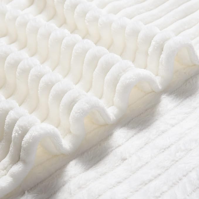 Bnuitland White Flannel Throw (60X80 inches) with Storage Pouch,300GSM Super Soft Fleece Stripe Pattern Sofa Blanket for Adults, Lightweight Cozy Bed Throw for Home Decor All Season