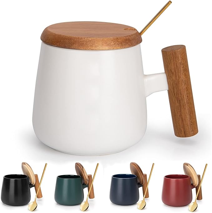 Ceramic Coffee Mug,Tea Cup for Office and Home,14 Oz Cup with Lid and Coffee Spoon, Birthday Gifts for Women and Men, 1 Pack (White)