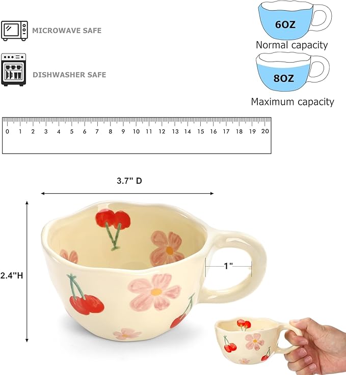 Yopay 2 Pack Ceramic Coffee Mug, 8oz Handmade Hot Chocolate Mugs, Cute Cup for Girl Microwave Safe, Aesthetic Tea Milk Cup with Handle for Latte, Cocoa, Gift, Mom(Cherry flower)