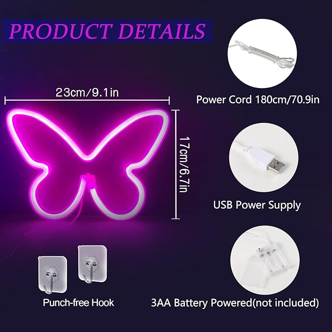 2 Butterfly Neon Signs, LED Night Lights for Bedroom & Kids Room Decor, USB/Battery Powered for Wedding, Birthday Parties & Art Decorations