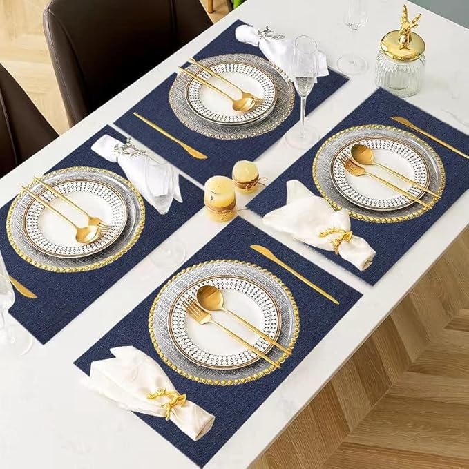 DACHUI Placemats Set of 4, Linen Look Woven Place Mats, Water Resistant, Heat Resistant, Washable, Durable Table Mats (Navy Blue)