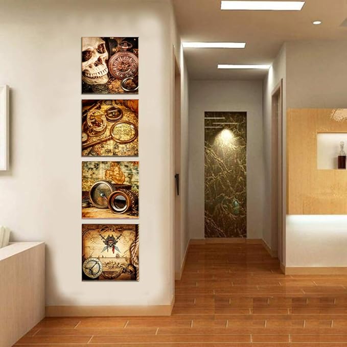 The pirates 4pcs Modern Salon Theme and Adventure map Abstract Painting Still Life Canvas Wall Art for Home Decor Compass and magnifying glass Canvas Print Wall Art Painting For Living Room Decor