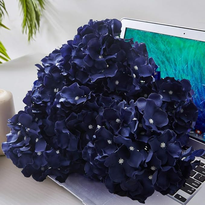 Artificial Hydrangea Flowers Navy Blue Heads 10pcs Fake Hydrangea Silk Flowers for Wedding Bouquets Centerpieces DIY Floral Decor Home Decoration with Stems
