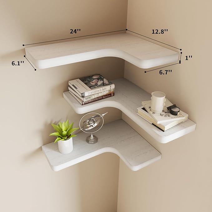 SAUMONIERES Corner Floating Shelves 24 Inch Wall Mount Shelf Solid Wood for Bedroom Bathroom Kitchen Storage Set of 2, White