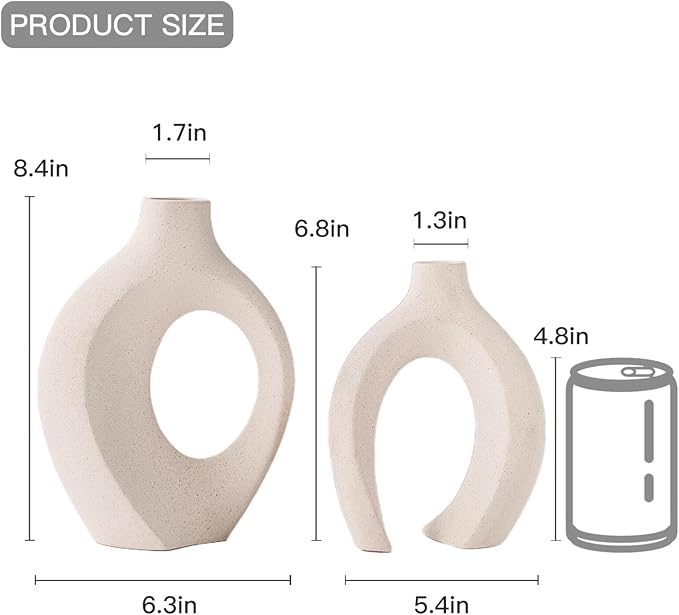 Off White Hollow Ceramic Vase Set of 2, Round Modern Vase for Nordic Minimalist Book Style Shelf Decor, Donut Boho Aesthetic Vases for Trendy Home Living Room Entryway Coffee Table Decorative