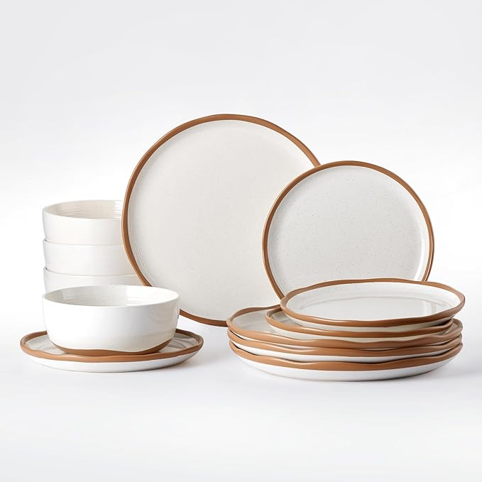 Lareina Plates and Bowls Set, 12 Pieces Farmhouse Ceramic Dinnerware Sets, Scratch Resistance, Dishwasher Microwave Safe, Vanilla White