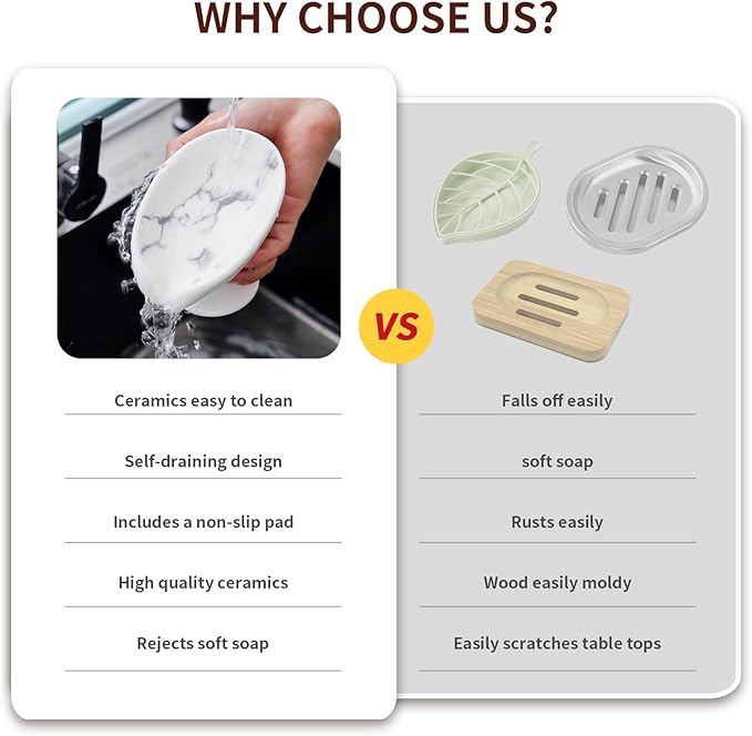 Soap Dish, Marble Soap Holder Self Draining Leaf Shape Soap Dishes,Ceramic soap Holder for Shower,Bathroom Sink, Kitchen (1, Marble)
