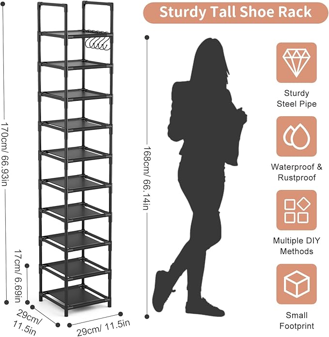 Tall Narrow Shoe Rack for Entryway, 10-Tier Sturdy Metal Shoe Shelf Storage 10-15 Pairs of Shoes and Boots, Space Saving Corner Shoe Rack Organizer for Closet,Doorway,Garage,Living Room