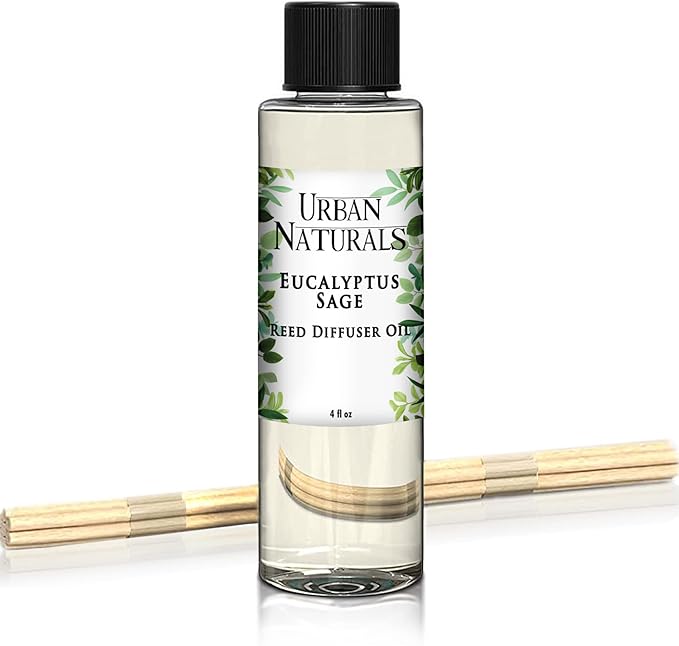 Urban Naturals Eucalyptus SAGE Reed Diffuser Refill, 4 oz, Bundle with Eucalyptus SAGE Reed Diffuser Set - Made with Essential Oils in The USA
