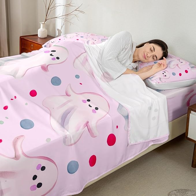Feelyou Halloween 4 Pieces Sheet with 16 Inch Deep Pockets Queen Size Kids Cute Ghosts Bedding for Boys Girls Teens Pink Bed Sheets Set