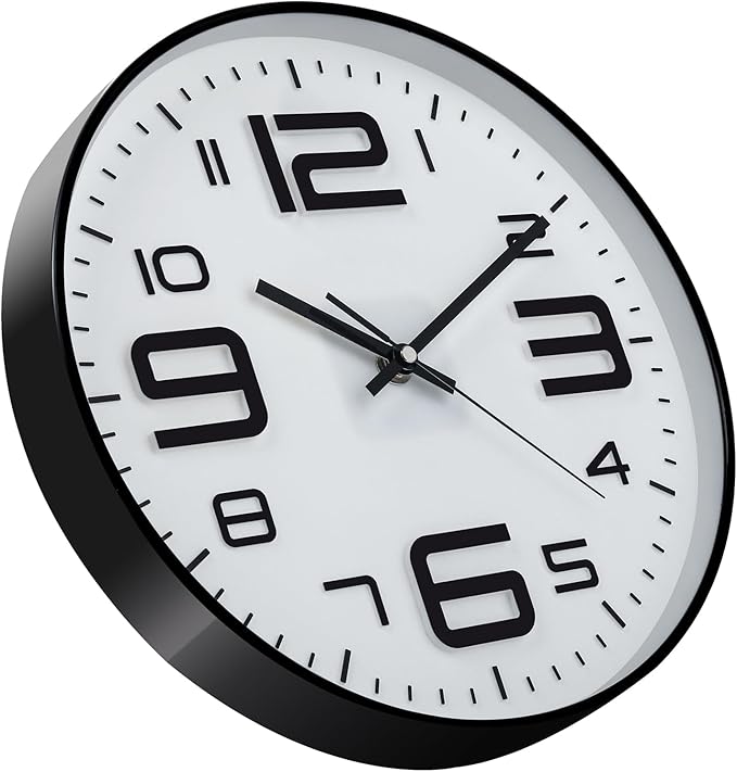 Plumeet Wall Clock, 12'' Bedroom Wall Clocks Battery Operated, Silent Quartz Clock Decorate Kitchen Living Room, 3D Numbers Display Easy to Read, White