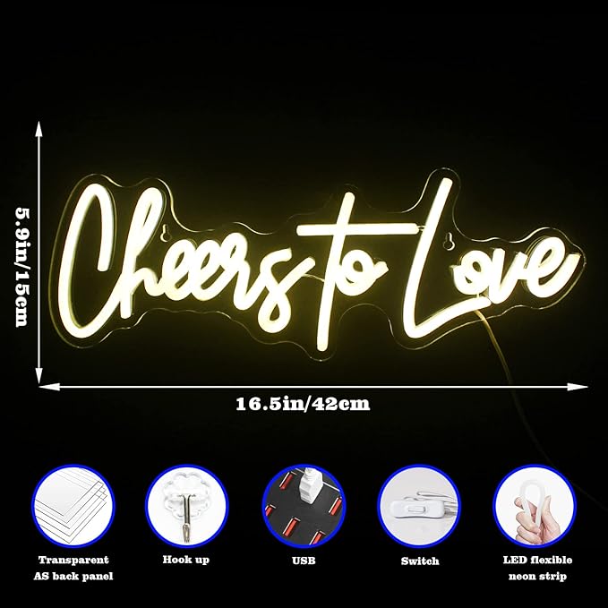 Lucunstar Cheers to Love Neon Sign,Love Neon Sign,Wedding Neon Sign,Neon Sign for Room,Warm White Neon Sign for Wall Decor,Light Sign for Wedding,USB Powered Sign for Wedding Decor(16.5"X5.9")