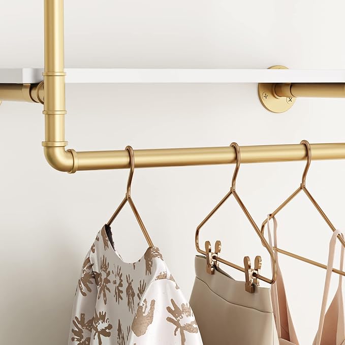 HOMEKAYT 24" Industrial Pipe Shelving Floating Wall Shelves 2 Tier Gold Shelves Multiple Use for Kitchen, Bedroom,Living Room,Bathroom