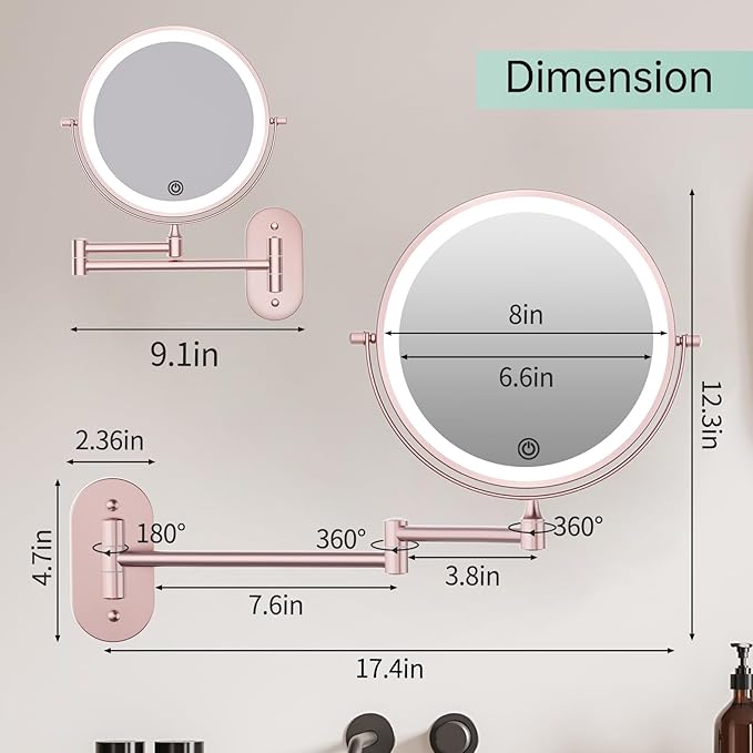 FUNTOUCH Rechargeable Wall Mounted Lighted Makeup Vanity Mirror 8 Inch Double Sided 1X 10X Magnifying Bathroom Mirror, 3 Color Lighting, Touch Dimming, Extended Arm 360° Light up Mirror