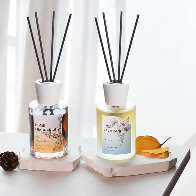 Reed Diffuser - Linen&Sea Guaiac Wood 4.06oz (120ml) 2 Packs Essential Oil Reed Diffuser Set with 16 Sticks, Long Lasting Fragrance for Home, Bathroom, Bedroom, Room, Decor