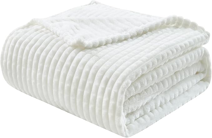 EMME Fleece Throw Blanket Luxury Flannel for Couch Bed Sofa Chairl, Soft, Plush, Warm and Cozy Blanket with Geometric Grid Design (White, 60'' x 80'')