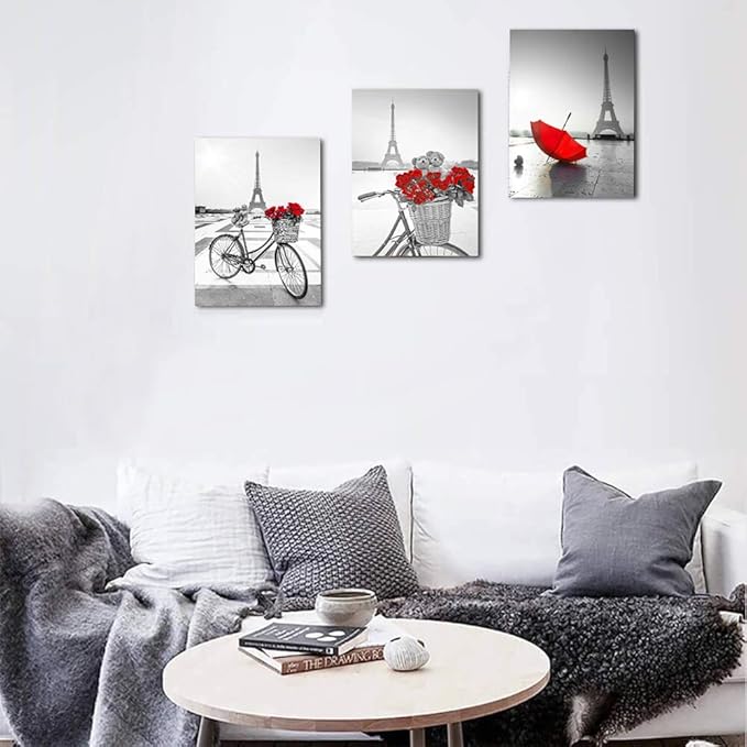 red Flowers 3 Piece Canvas Print Wall Art for Living Room Bathroom Decorations Bedroom Wall decor modern Eiffel Tower umbrella Office Home Decoration wall paintings Black and white bicycle landscape