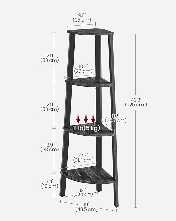 VASAGLE Corner Shelf Stand, 4-Tier Corner Bookshelf, Industrial Ladder Shelf, Plant Stand for Living Room, Office, Kitchen, Charcoal Gray and Matte Black ULLS034B22