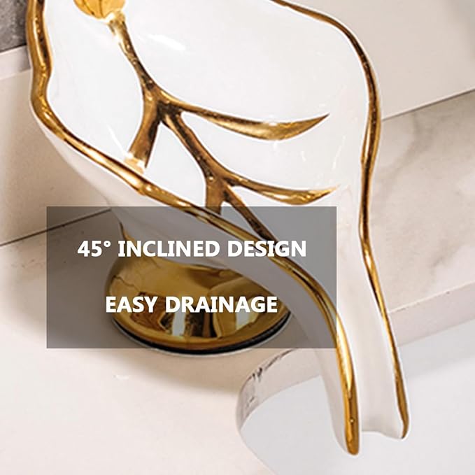 Ceramic Soap Dish, Self Draining Soap Holder Shower, Soap Bar Dishes,Creative Leaf Shape Soap Tray with Gold Plastic Deer for Bathroom, Kitchen, Sink, Countertop, Easy to Clean (Gray)