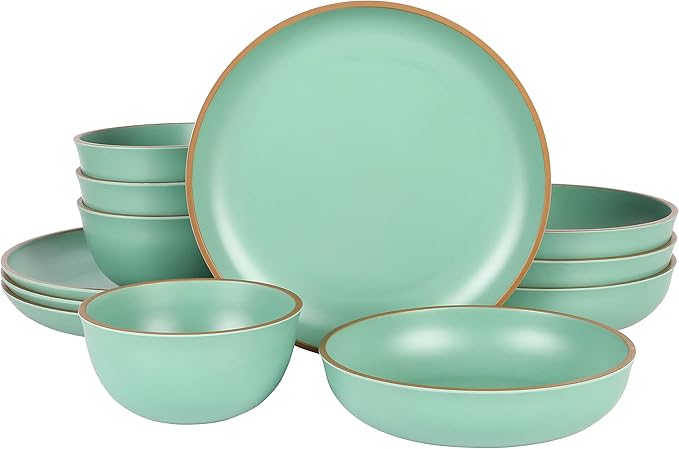 Gibson Home Rockabye 12 Piece Double Bowl Melamine Plastic Dinnerware Set - Matte Green