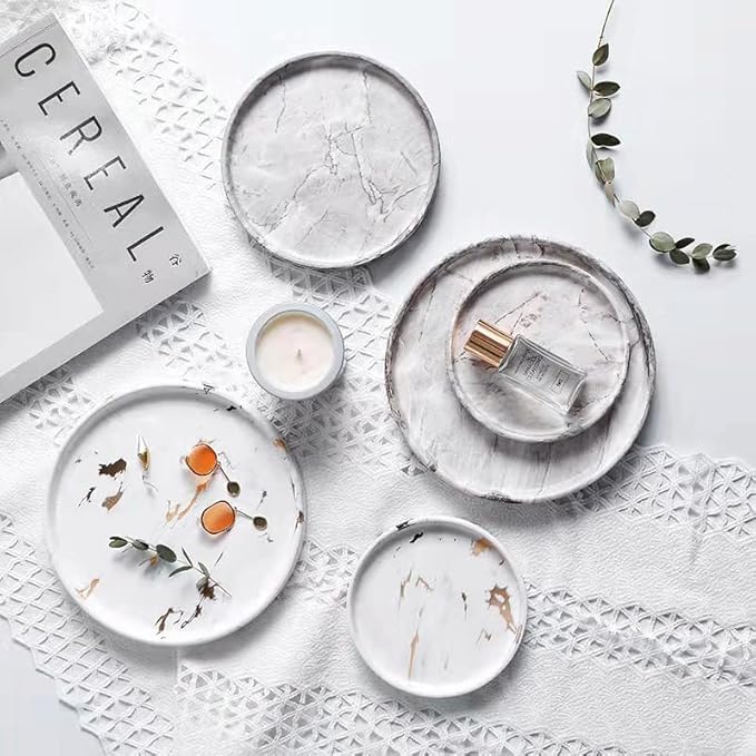 Elegant Marbled Round Jewelry Dish Key Holder, White Ceramic Vanity Tray Bathroom Organizer for Soap Perfume Candle Small Plant, Mini Dresser Organizer Home Decor(Grey Striped, Circular, 4.7")
