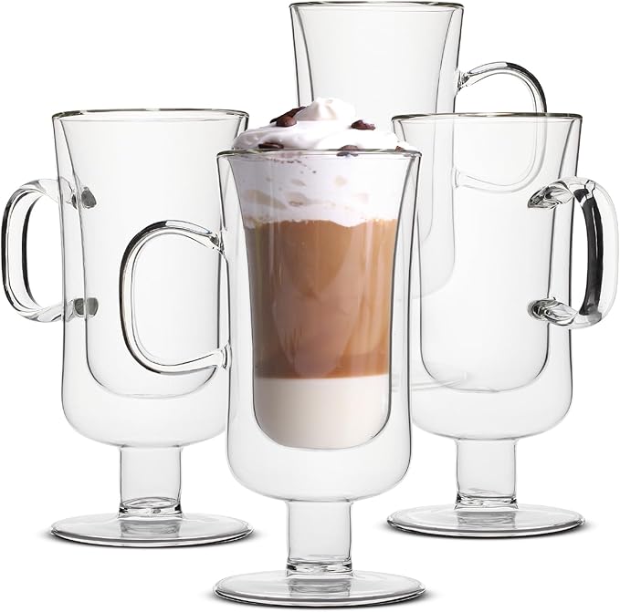 BTaT- Irish Coffee Mug, Coffee Glass, Set of 4 (10oz, 300ml), Double Wall Glass Irish Coffee Cup, Tea Cups, Latte Cups, Glass Coffee Mug, Beer Glasses, Latte Mug, Clear Mugs, Christmas Gifts