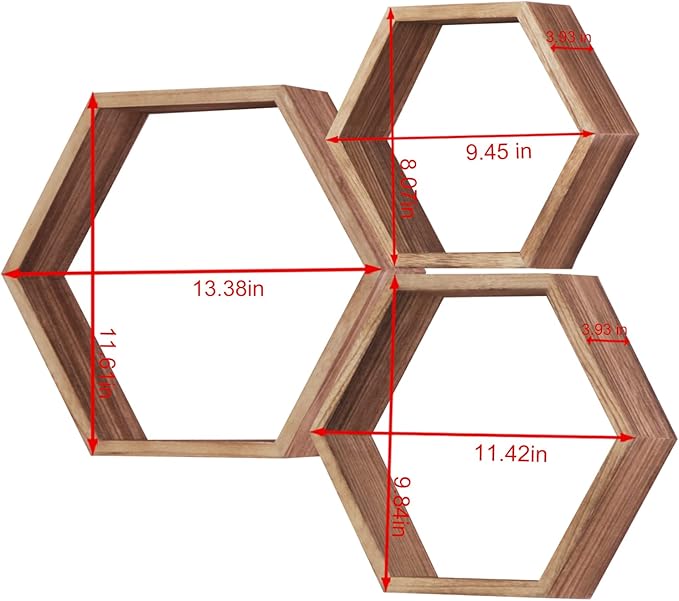 PHOENANCEE Hexagon Floating Shelves,Honeycomb Shelf,Wall Mounted Rustic Wood Octagon Storage Shelves Set of 3 for Living Room Bedroom Bathroom Office Hexagonal Decor(Carbonized Black)