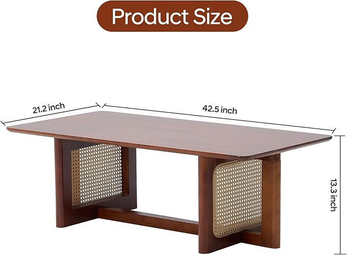Rattan Coffee Table, 42.5 Inch Rectangular Solid Wood Table with PE Rattan Stand for Living Room