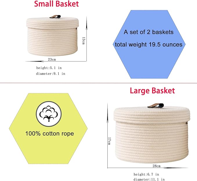 Cotton Basket Set of 2, Round, White, with Genuine Leather Handles, Lidded Storage Baskets for Organizing