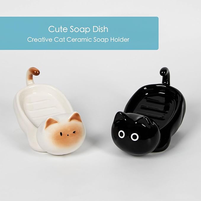 Bar Soap Holder, Cute Ceramic Cat Soap Dish - Self Draining - Small Shower Bar Soap Holder for Soap Bar Holder for Shower, Dish Soap Holder, Soap Dish for Shower (Black)