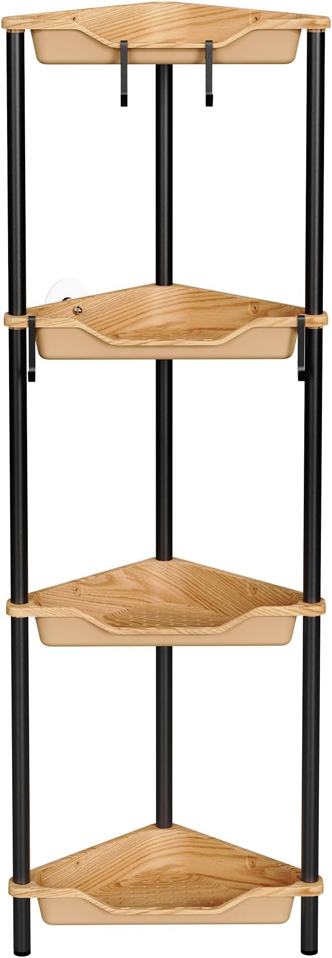 Orimade Rustproof 4 Tier Floor Standing Corner Shower Caddy Organizer, Plastic Metal Splicing Floor Corner Shelf Rack Storage Stands for Bathroom, Wood Grain Surface