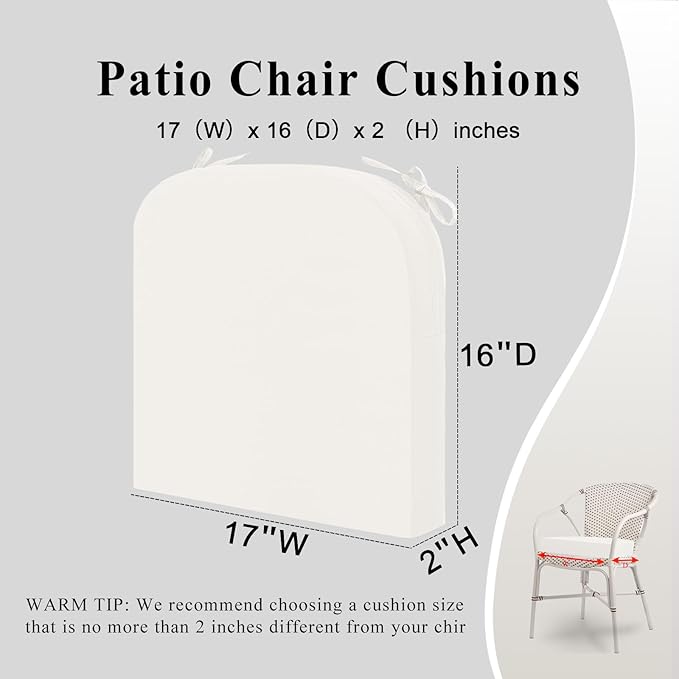 Outdoor Chair Cushions Set of 2, Waterproof Memory Foam Patio Seat Cushions with Ties for Garden Sofa & Dining Furniture, 3-Year Color Fastness, 16x17x2 Inch, Beige