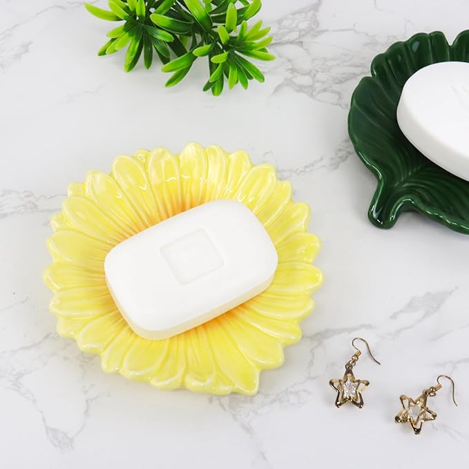 Self Draining Soap Dish Inspired by Daisy Flower Ceramic Waterfall Soap Dish Soap Savers for Bathroom,Shower,Bar Counter