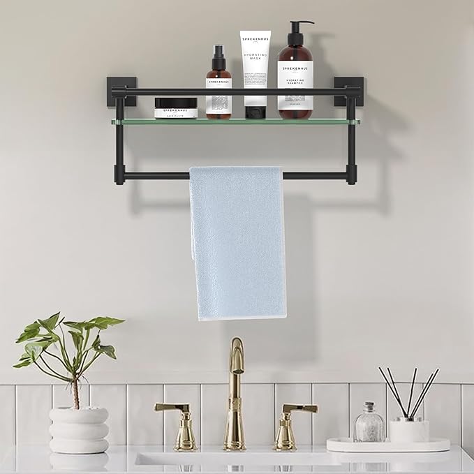 Glass Shelf for Bathroom 16 Inch Bathroom Shelves with Towel Bar, Tempered Glass Shelves with Stainless Steel Towel Holder for Wall Shelf Sink Over Toilet (Matte Black)