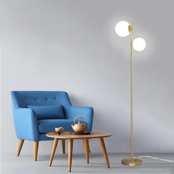 COTULIN 2 Globe Floor Lamp for Living Room, 7.1 Inch Sphere Mid Century Modern Floor Gold Lamp for Bedroom,Brass Standing Tall Pole Lamp with White Frosted Glass Shade,Office Home Decor