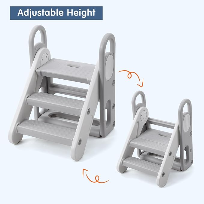 Foldable Toddler Step Stool for Bathroom Sink, Adjustable 3 Steps Ladder for Toddlers with Handles, Folding Nursery Step Stool for Kids Toilet Potty Training, Kitchen Counter Standing Helper, Grey